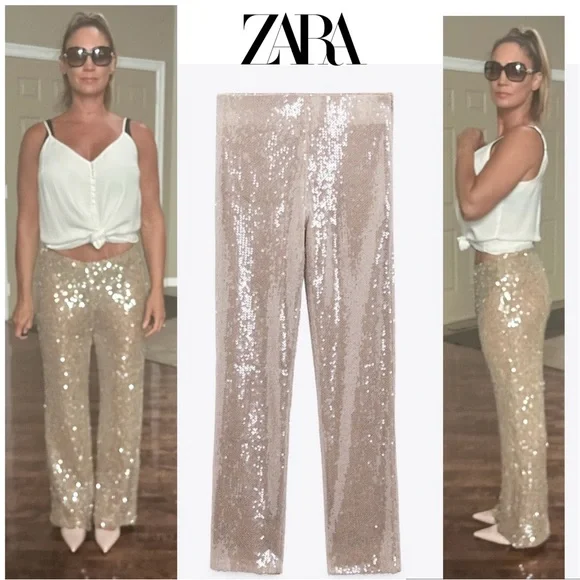 Zara champagne gold sequin embellished sparkly knit dress pants pull on L NWOT - Picture 15 of 15
